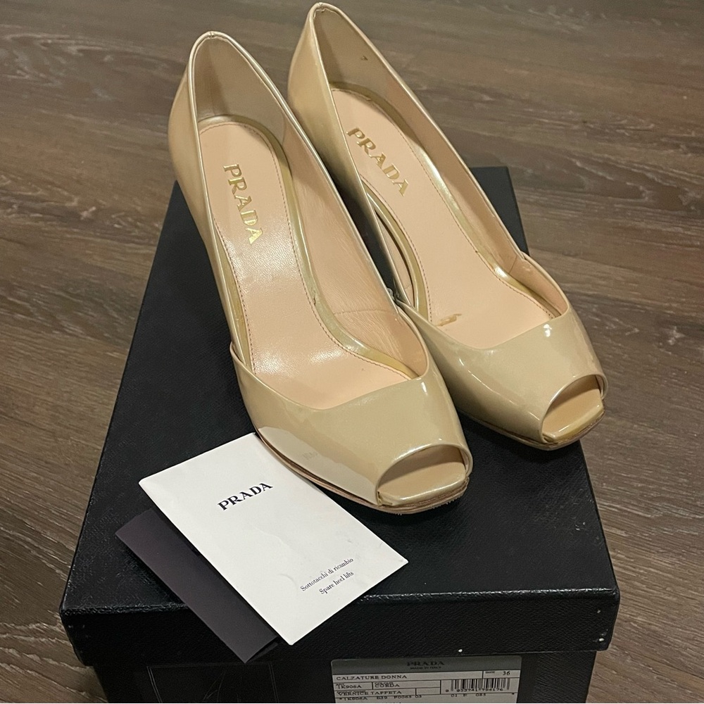 PRADA Nude Patent Leather Platform Peep
Toe Pumps size 36